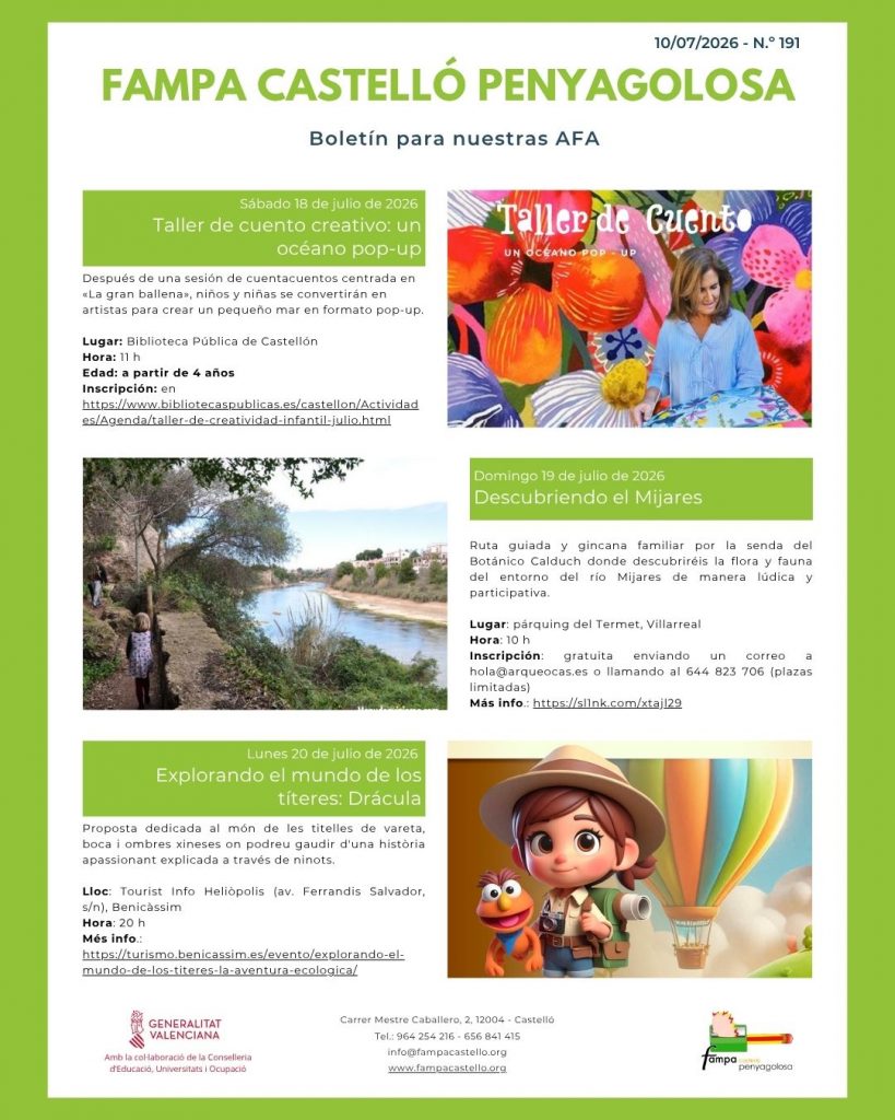 Boletín núm. 191 del 10/07/2026. Taller de cuento creativo, descubriendo el Mijares, explorando el mundo de los títeres.
